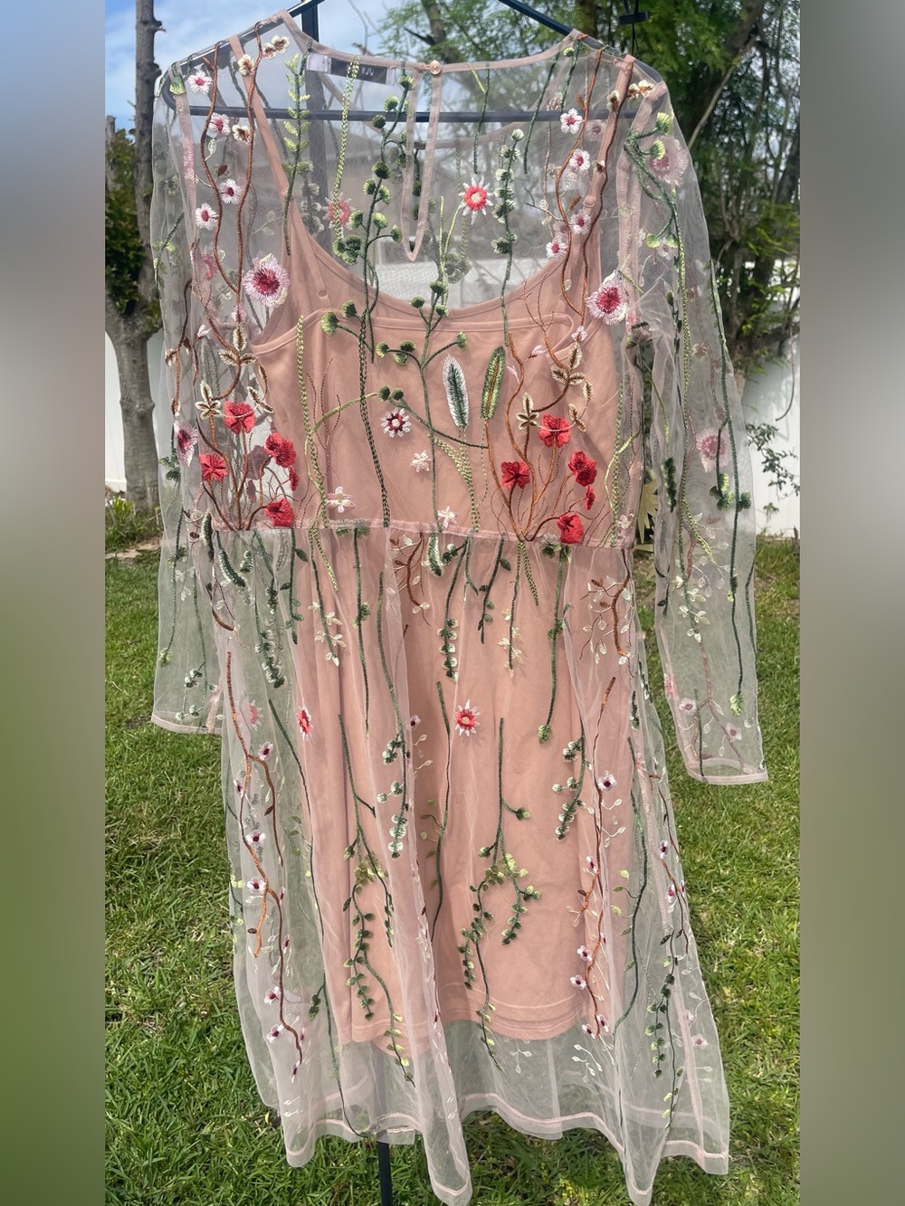 JustFab Blush Pink Embroidered Mesh Long Sleeve Dress